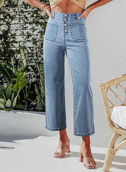 Women's High-Waist Jeans with Button Detail and Wide Leg Lisslune