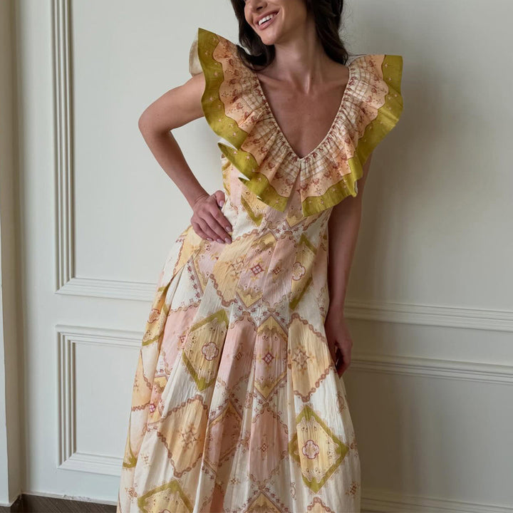 Women's maxi dress with voluminous ruffle details and elegant V-neck Lisslune