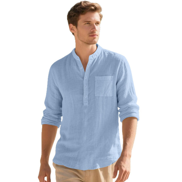 Men's Casual Long Sleeve Shirt with Stand-Up Collar and Practical Chest Pocket Lisslune