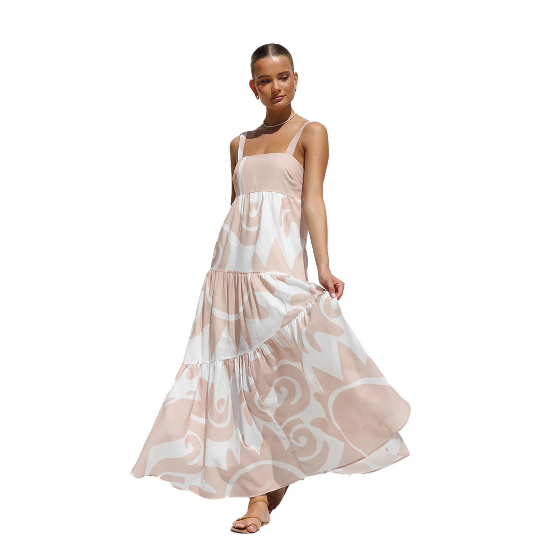 Ladies maxi dress with modern graphic pattern and airy ruffles
