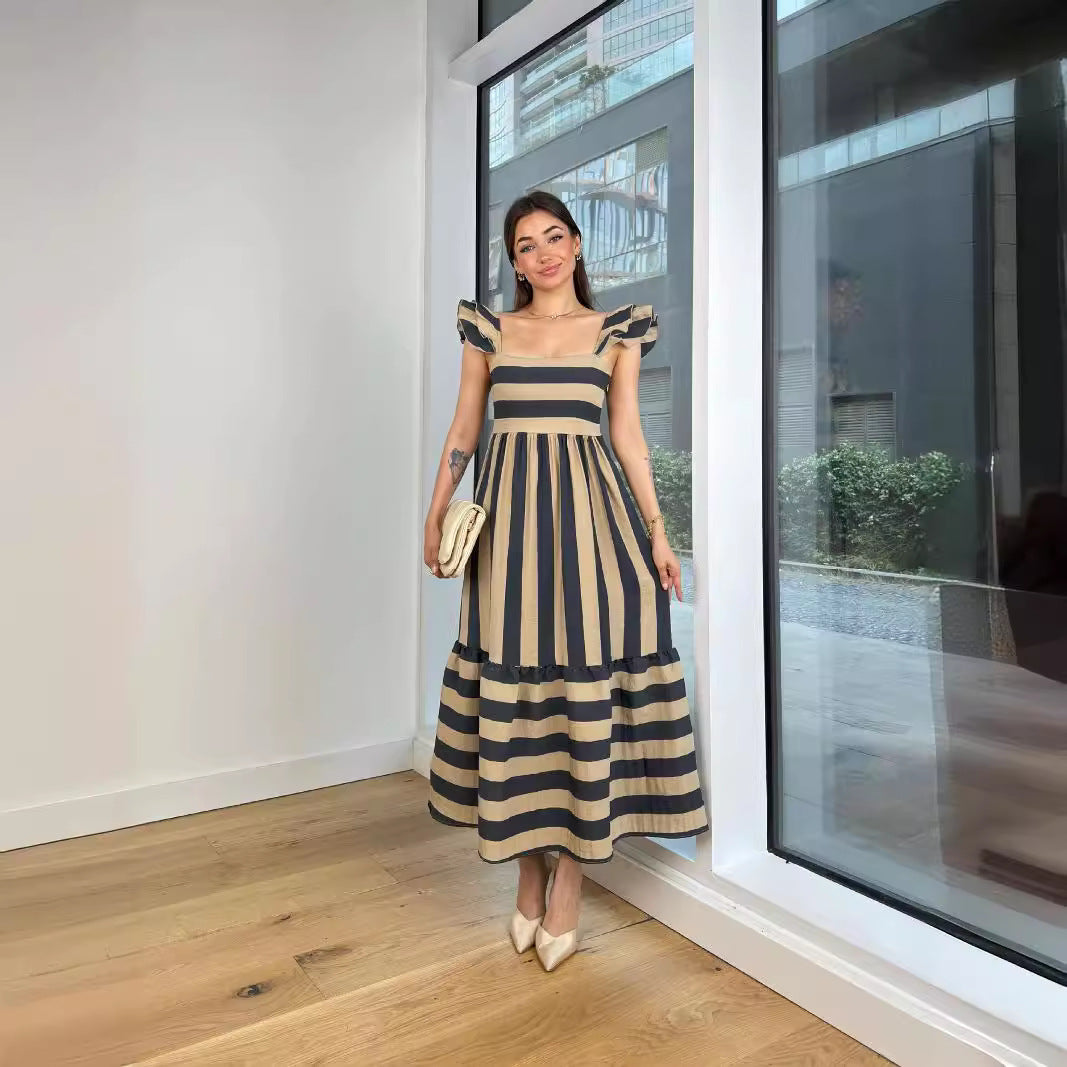 Ladies Maxi Dress with Playful Striped Pattern and Ruffle Details Lune London