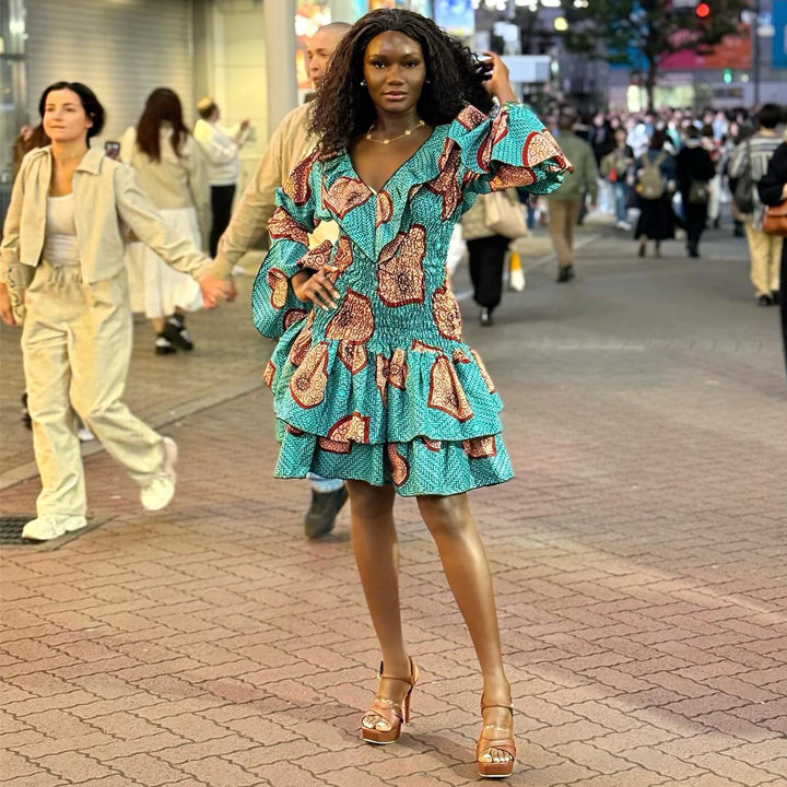 Ladies trendy mini dress with voluminous ruffle details and unique pattern Lisslune