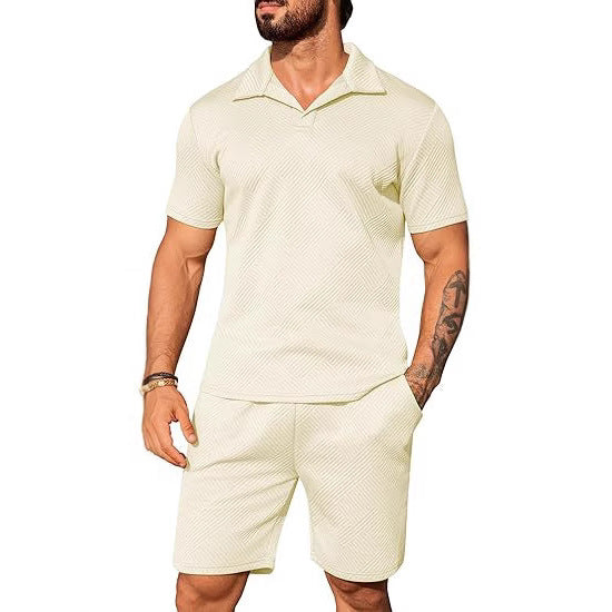 Men's Casual Short Sleeve Set with Fashionable Design and Textured Top Lisslune