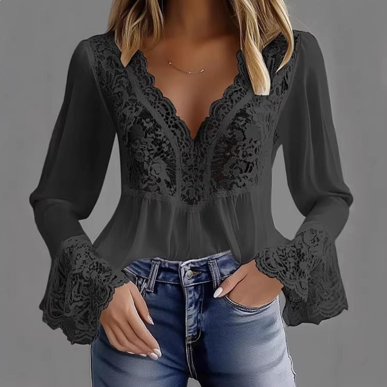 Damen elegante Bluse mit Spitzendetails und gerafftem Saum Lisslune