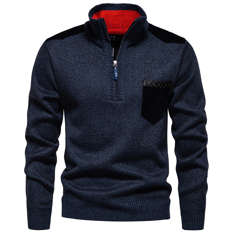 Men's Stand Collar Sweater with Contrasting Details and Practical Pockets Lisslune