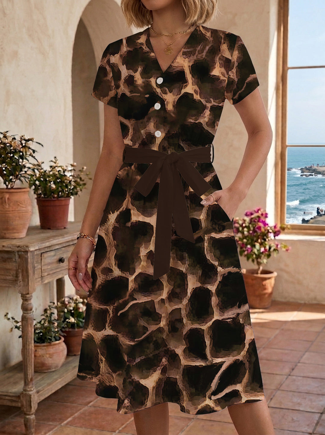 Women's Blooming Midi Dress with Adjustable Belt and Artistic Print Lisslune
