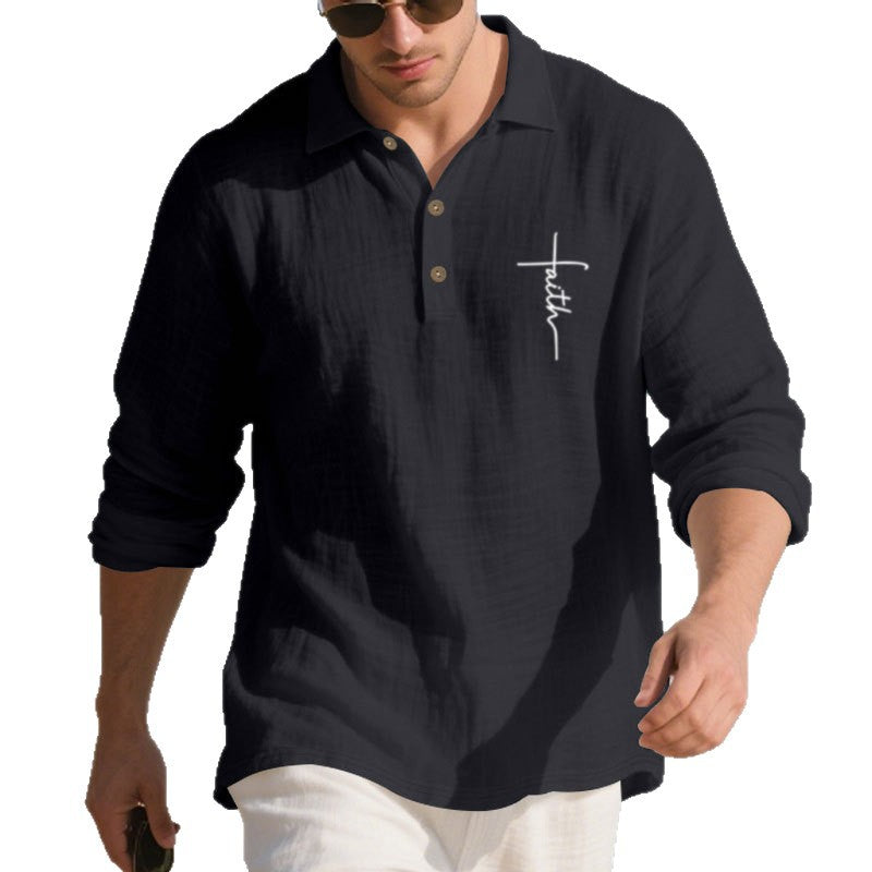 Men's long-sleeve polo shirt with textured fabric and stylish button placket Lisslune