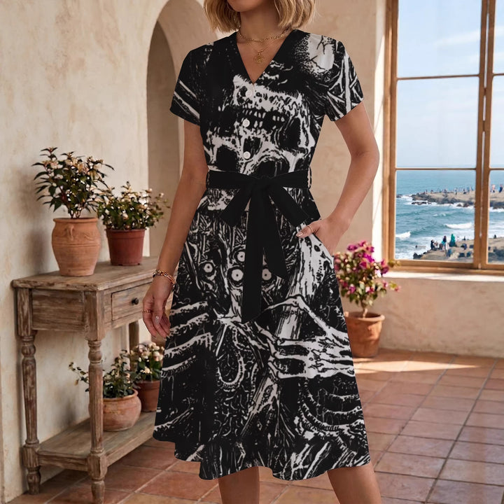Women's Blooming Midi Dress with Adjustable Belt and Artistic Print Lisslune