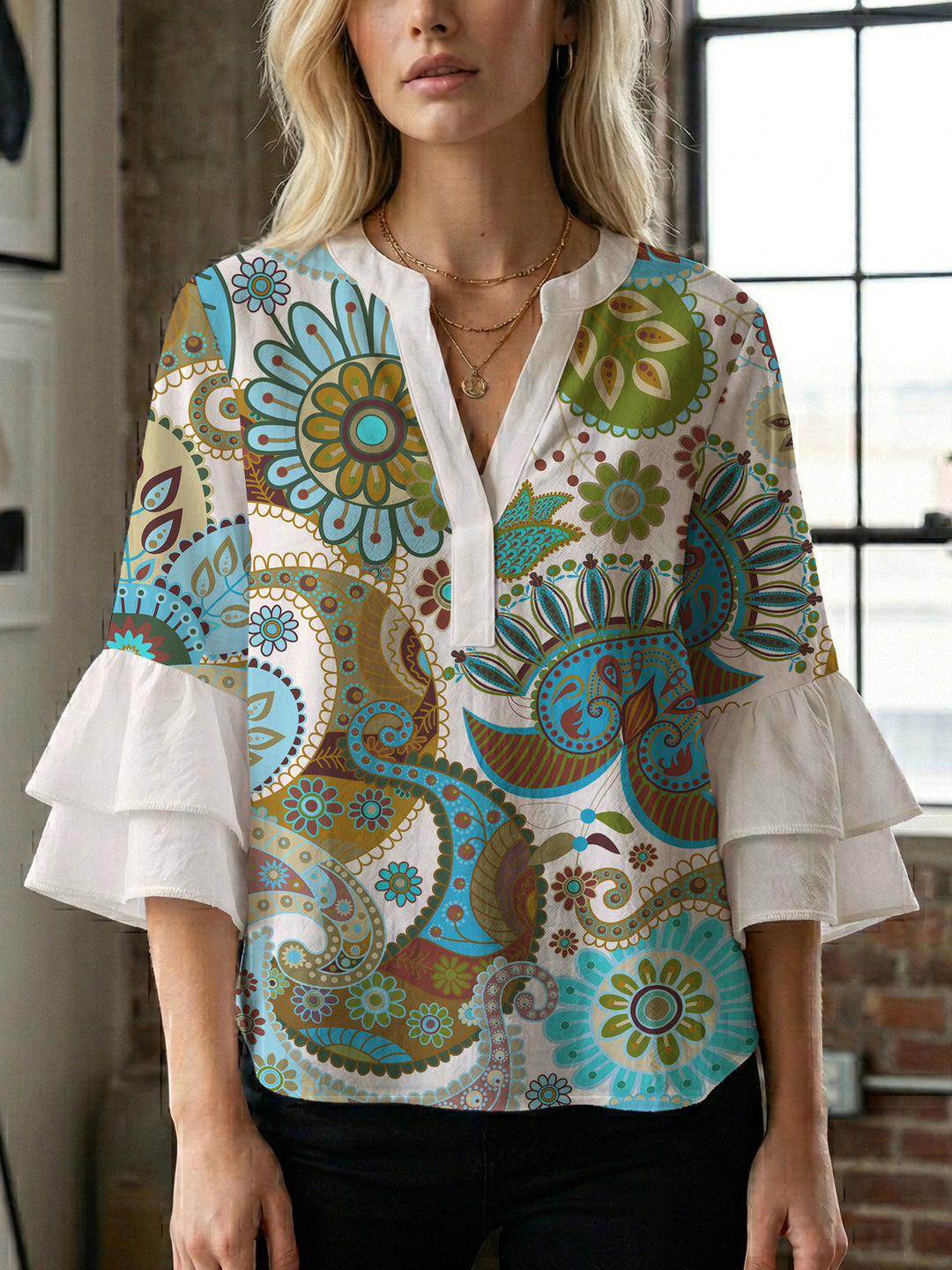 Women's blouse with voluminous ruffle sleeves and creative floral design Lisslune