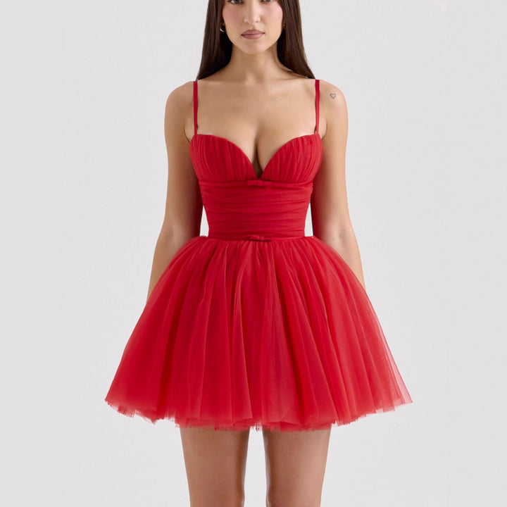 Women's tulle cocktail dress with deep V-neck and gathered bodice Lisslune