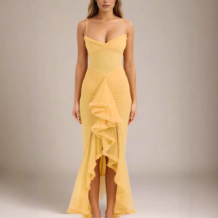 Women's Elegant Wrap Dress with Ruffle Details and High Slit