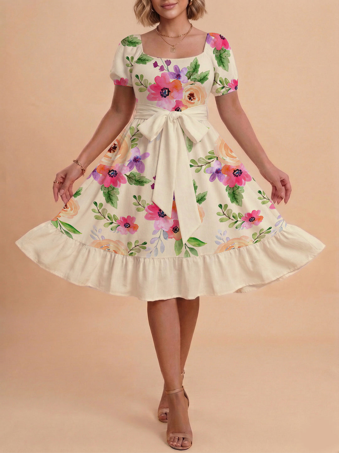 Women's floral dress with adjustable belt and voluminous sleeves Lisslune