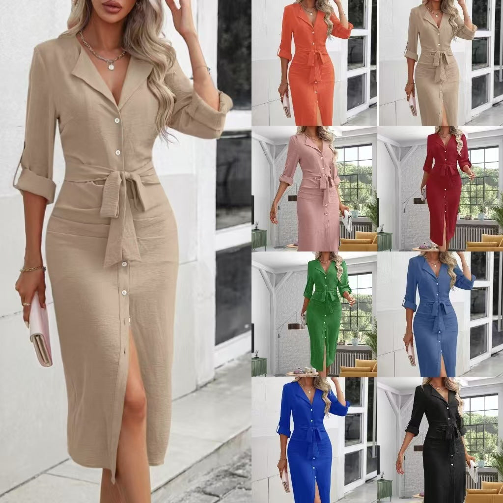 Damen Knielanges Hemdblusenkleid mit Gürtel und Modernem Revers Lisslune