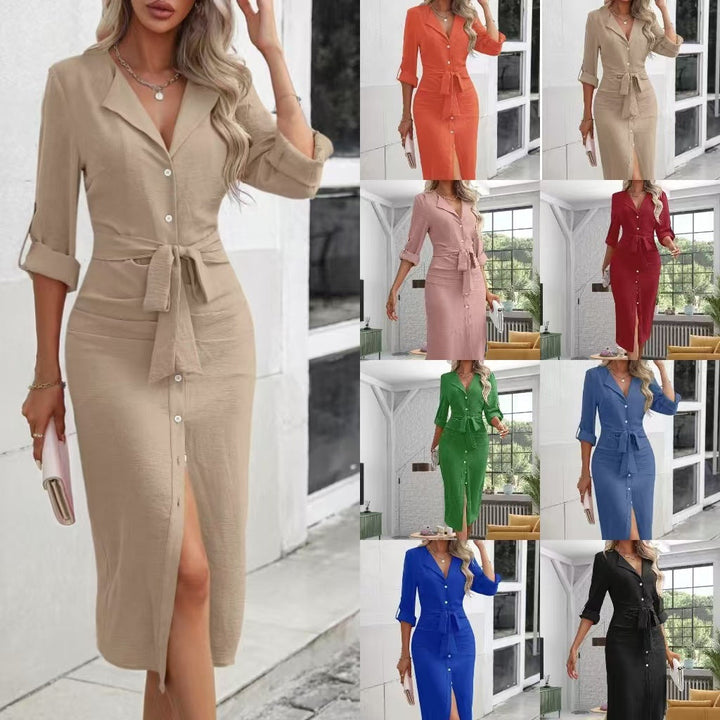 Damen Knielanges Hemdblusenkleid mit Gürtel und Modernem Revers Lisslune