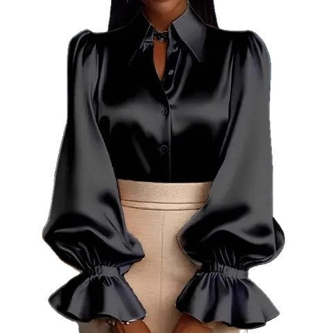 Damen elegante Seidenbluse mit Puffärmeln und schicker Knopfleiste Lisslune