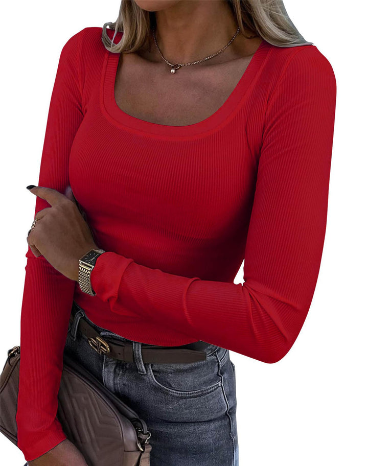 Women’s Long Sleeve Ribbed T-Shirt with Elegant Boat Neck Lisslune