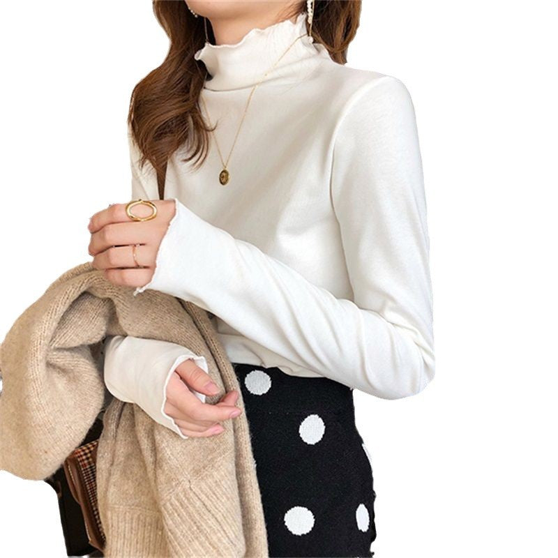 Women's Long Sleeve Turtleneck Top with Fine Rib Design and Casual Fit