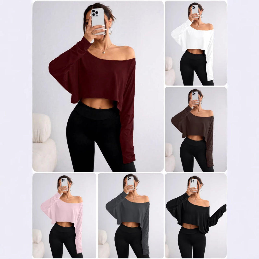 Women's Casual Crop Top with Loose Fit and Asymmetrical Neckline Lisslune