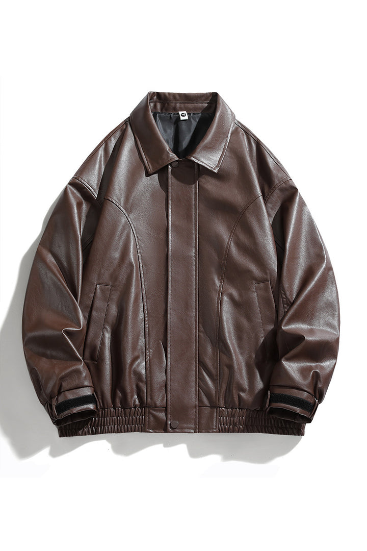 Men's Synthetic Leather Jacket with Elastic Waistband and Practical Side Pockets Lisslune