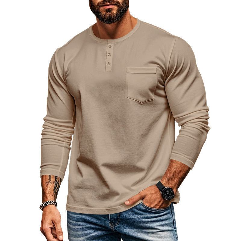 Men's long-sleeved Henley shirt with textured cotton surface and chest pocket Lisslune