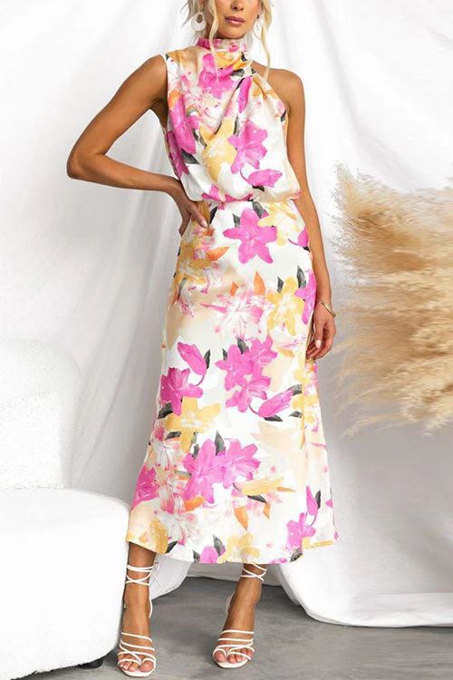 Women's maxi dress with asymmetric top and floral print Lune London