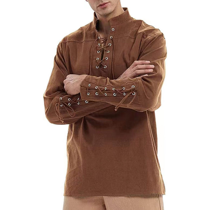 Men's linen shirt with original lacing design and casual stand-up collar Lisslune