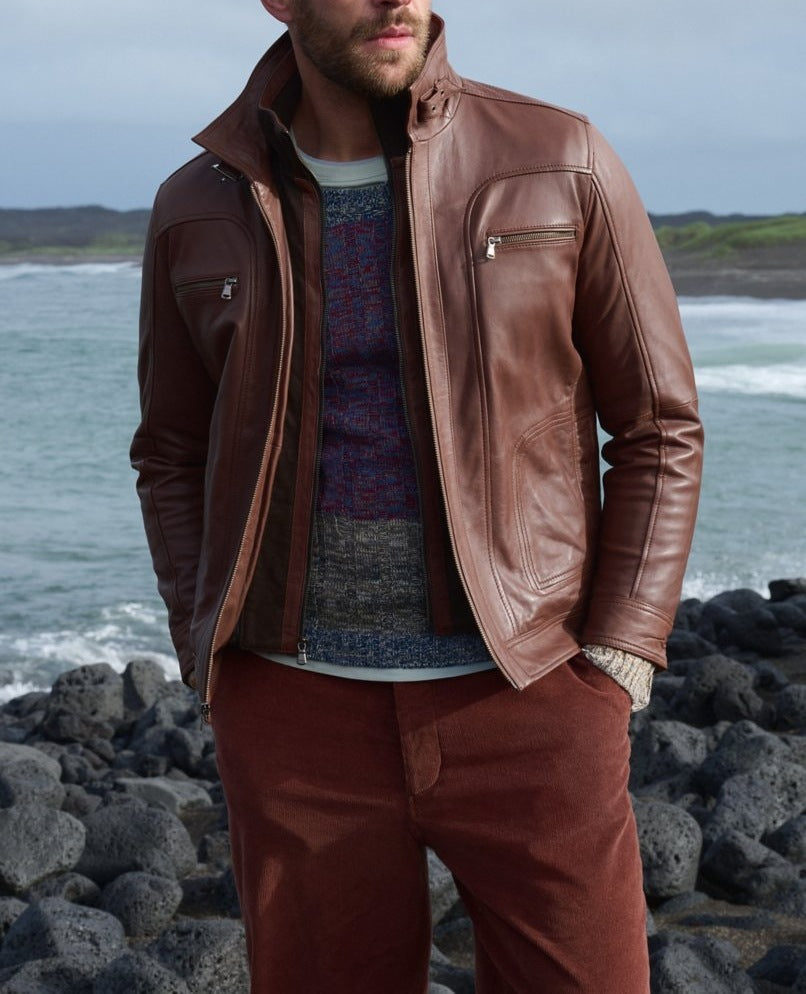 Men's casual leather jacket with modern stand-up collar and versatile pockets Lisslune