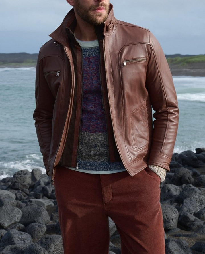 Men's casual leather jacket with modern stand-up collar and versatile pockets Lisslune