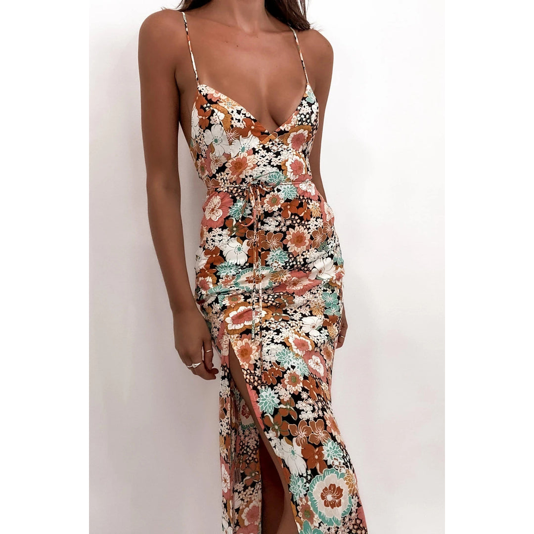 Women Chic Casual Dress with Deep Slit and Elegant V-Neck