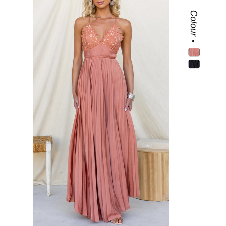 Women's Pleated Maxi Dress with Embellished Straps and Elegant Waist Belt