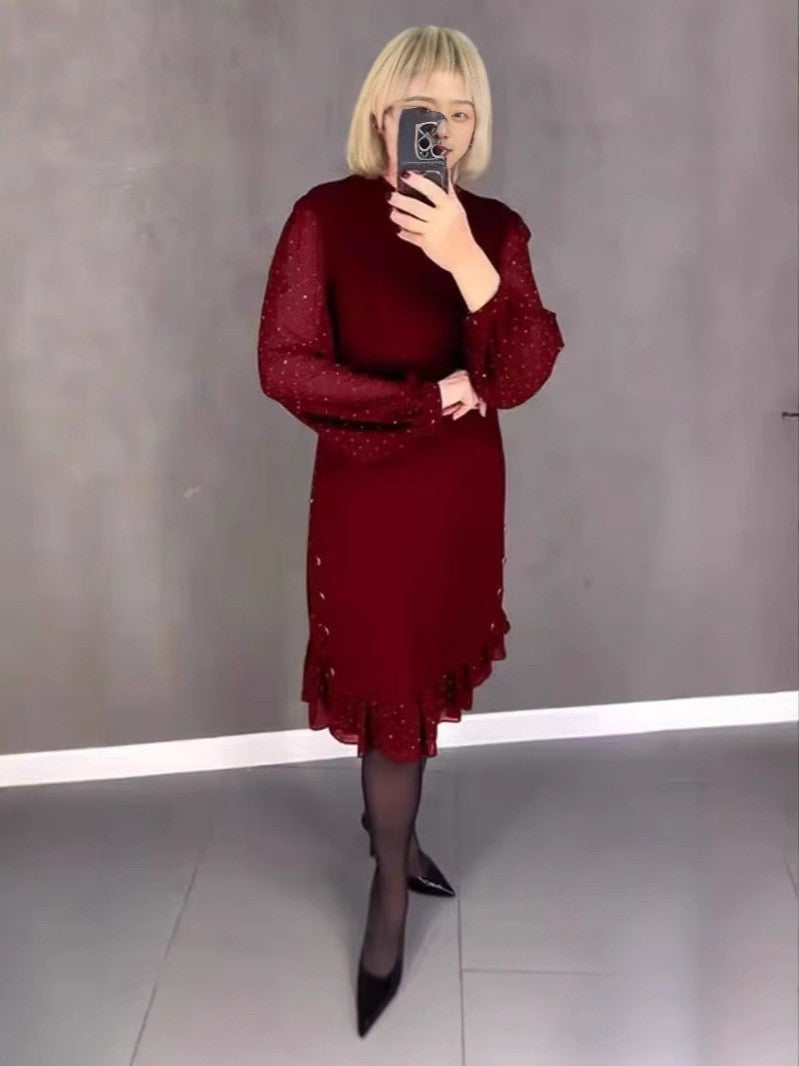 Ladies Elegant Dress with Voluminous Sleeves and Cut-Out Hem Lisslune
