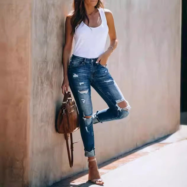 Women Destroyed Skinny Jeans with casual cut and frayed details Lisslune