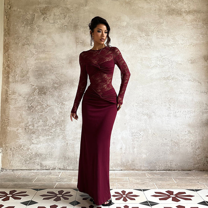 Ladies Elegant Maxi Dress with Lace Top and Sophisticated Draping Details Lune London