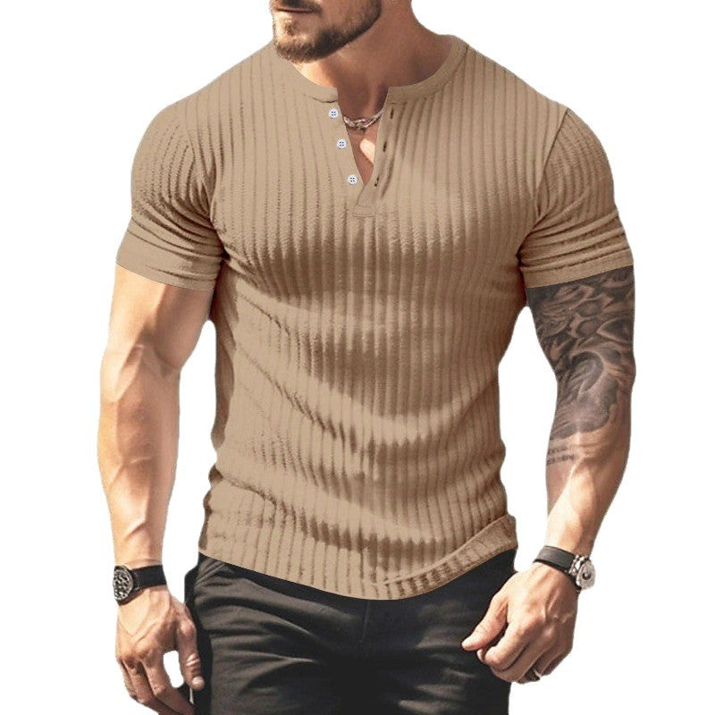 Men's Short Sleeve Ribbed Shirt with Fashionable Henley Neckline Lisslune