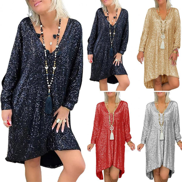 Ladies Sparkling Oversized Dress with V-Neck and Long Sleeves Lisslune