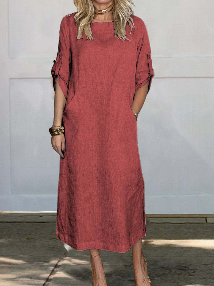 Women Casual Linen Midi Dress with Side Pockets and Roll-Up Sleeves Lisslune