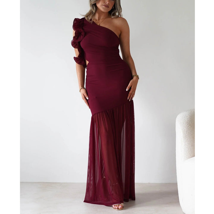 Women’s maxi dress with asymmetric cut and romantic ruffle details Lune London