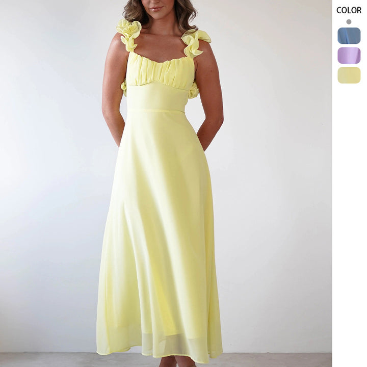 Ladies' maxi dress with playful ruffle details and elastic top