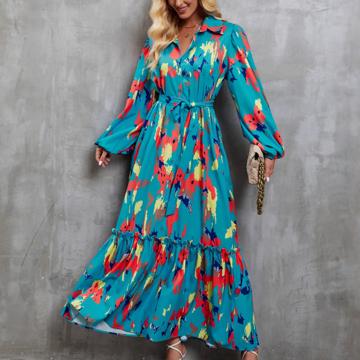 Women's maxi dress with colorful floral design and elegant waist belt