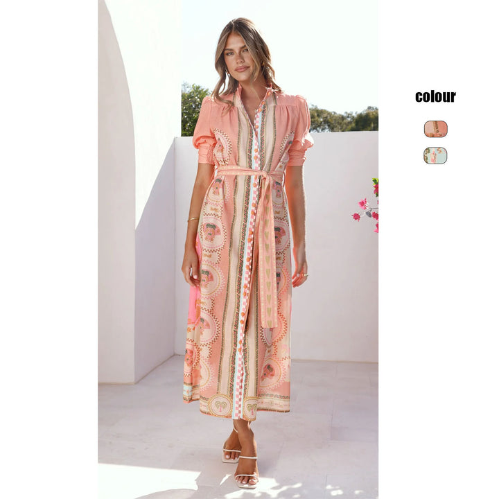 Women's maxi dress with sophisticated pattern and waist lacing Lune London