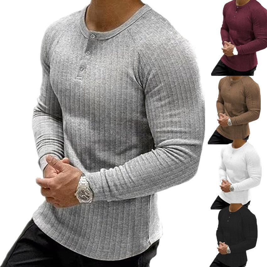 Men's long-sleeved ribbed T-shirt with button placket Lisslune