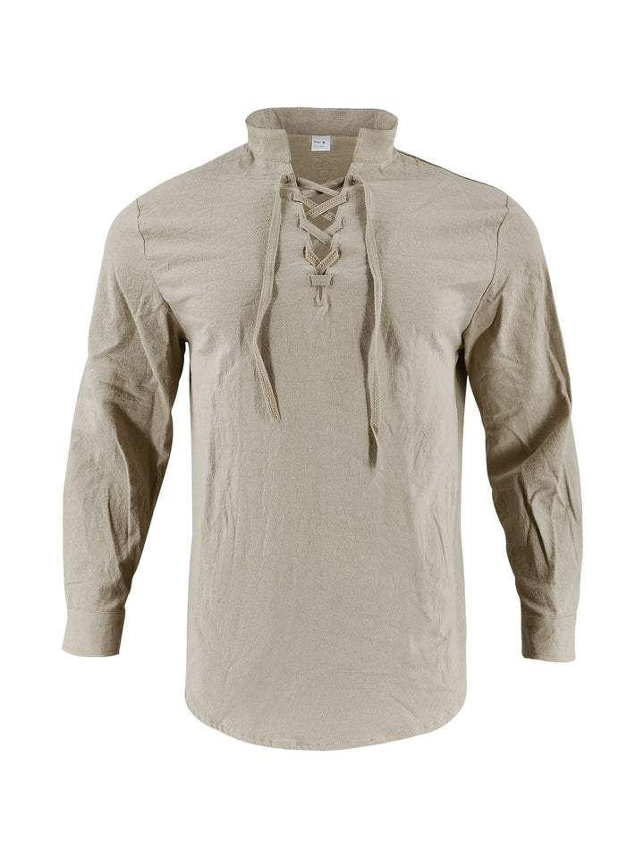 Men's long-sleeved shirt with trendy lacing and stand-up collar Lisslune