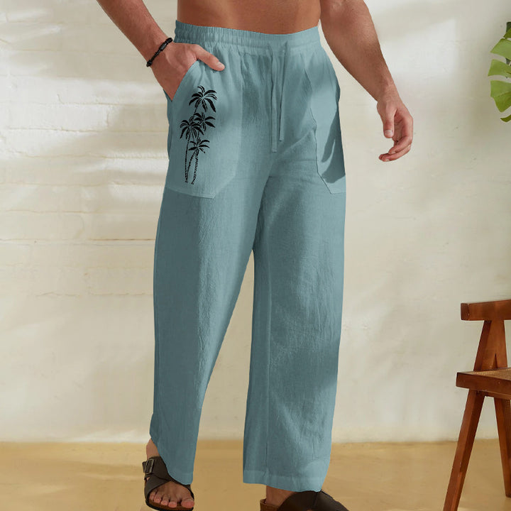 Men's Comfortable Linen Pants with Practical Drawstring and Palm Print Lisslune