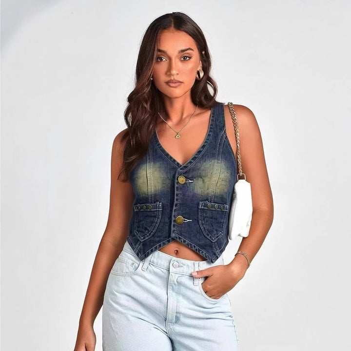 Women Denim Bustier Jacket with Button Details and Patches Lisslune