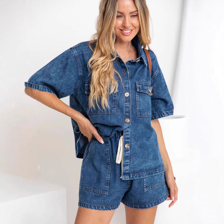 Women's denim shirt and shorts set in trendy style Lisslune