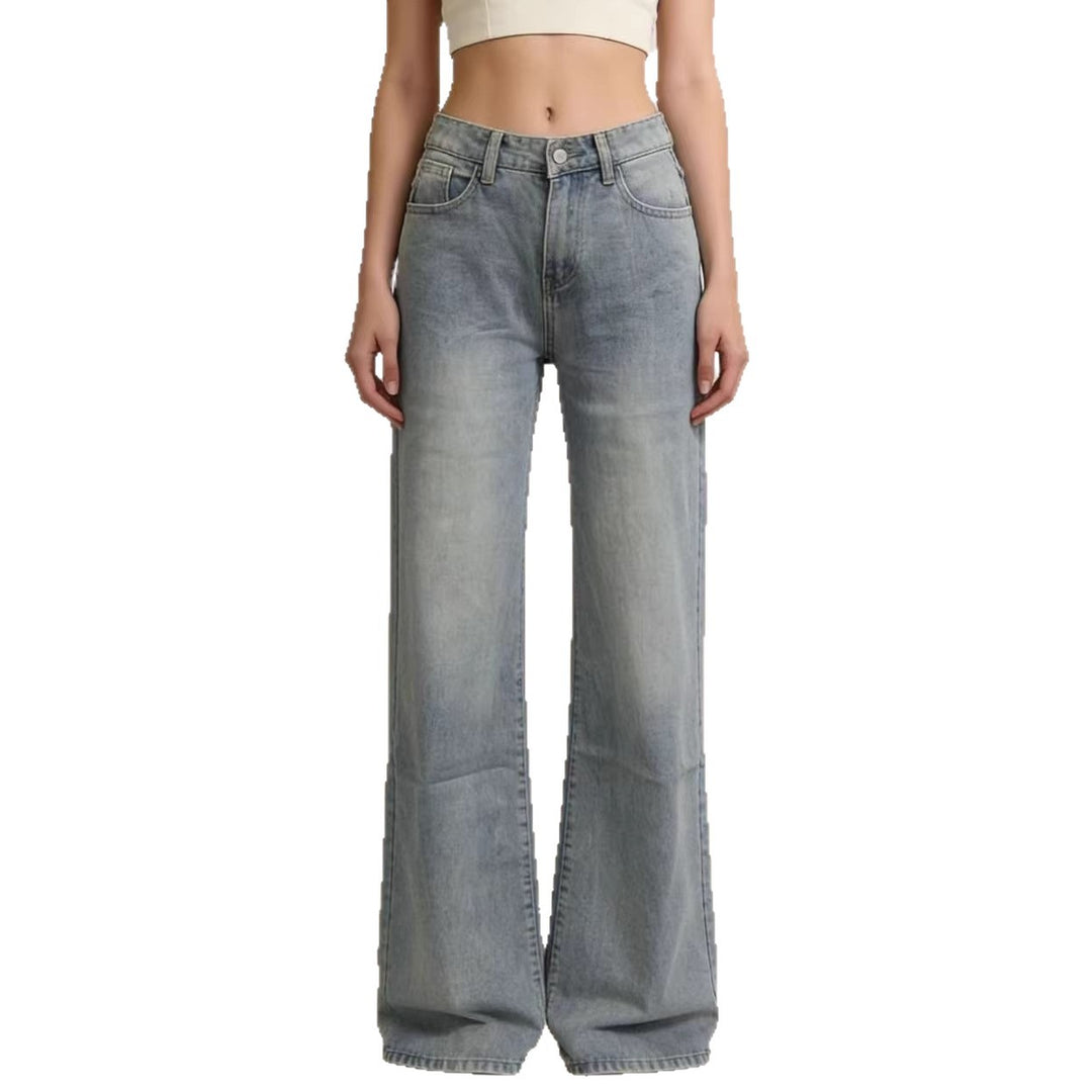 Damen weite Denim-Hose mit Vintage-Waschung und hoch geschnittenem Bund Lisslune