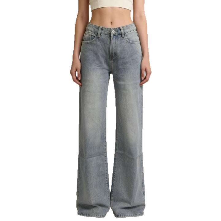 Damen weite Denim-Hose mit Vintage-Waschung und hoch geschnittenem Bund Lisslune