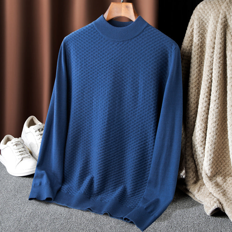 Men's Fine Knit Pullover with High Collar and Textured Surface Lisslune