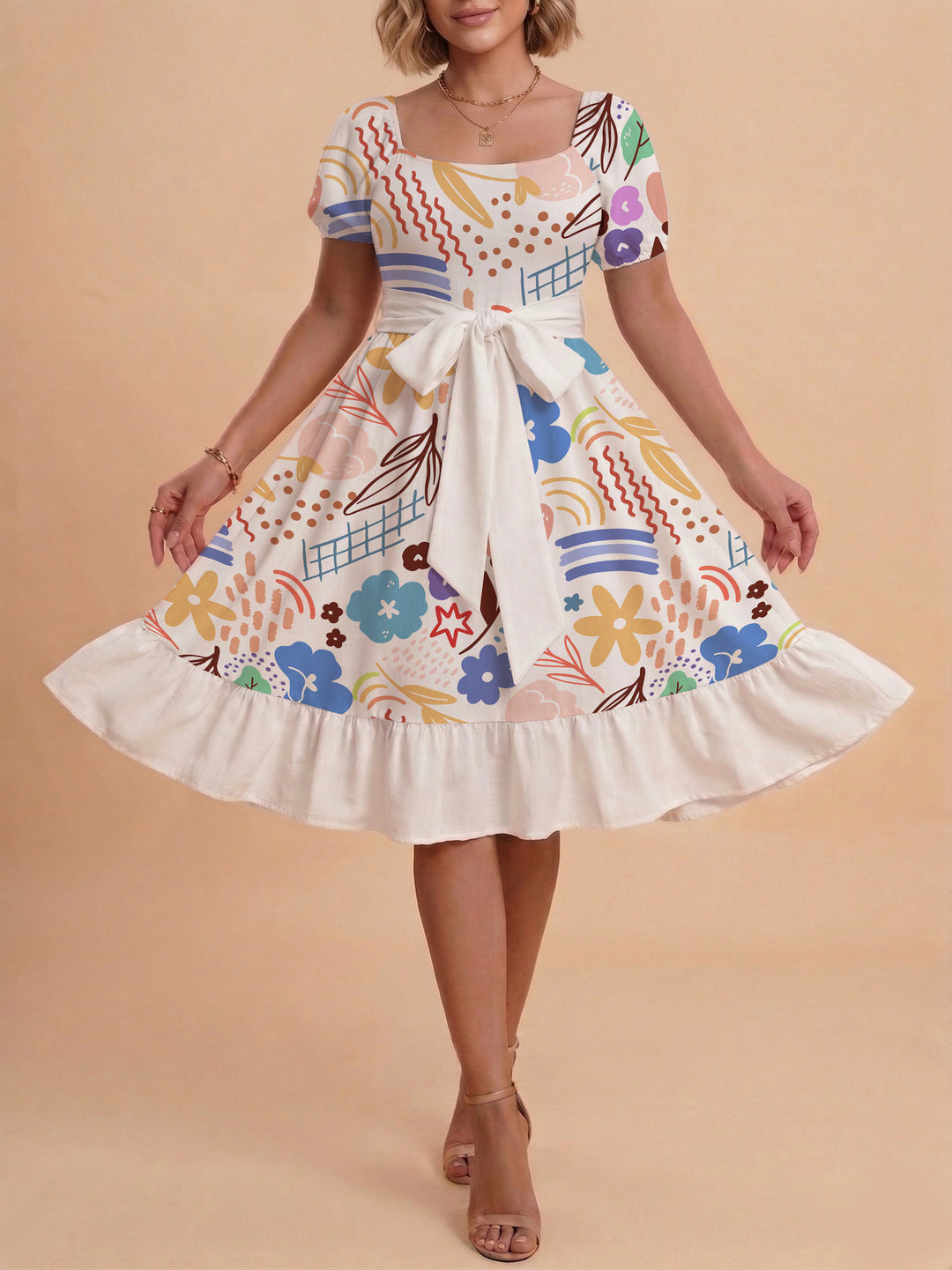 Women's Midi Dress with Elegant Floral Print and Fitted Belt Lisslune