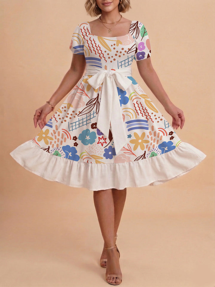Women's Midi Dress with Elegant Floral Print and Fitted Belt Lisslune